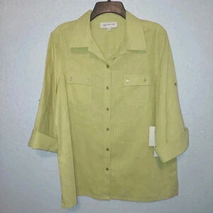 NWT Jones New York Light Green Women's Linen Blend Shacket W/Rolled Tab Large